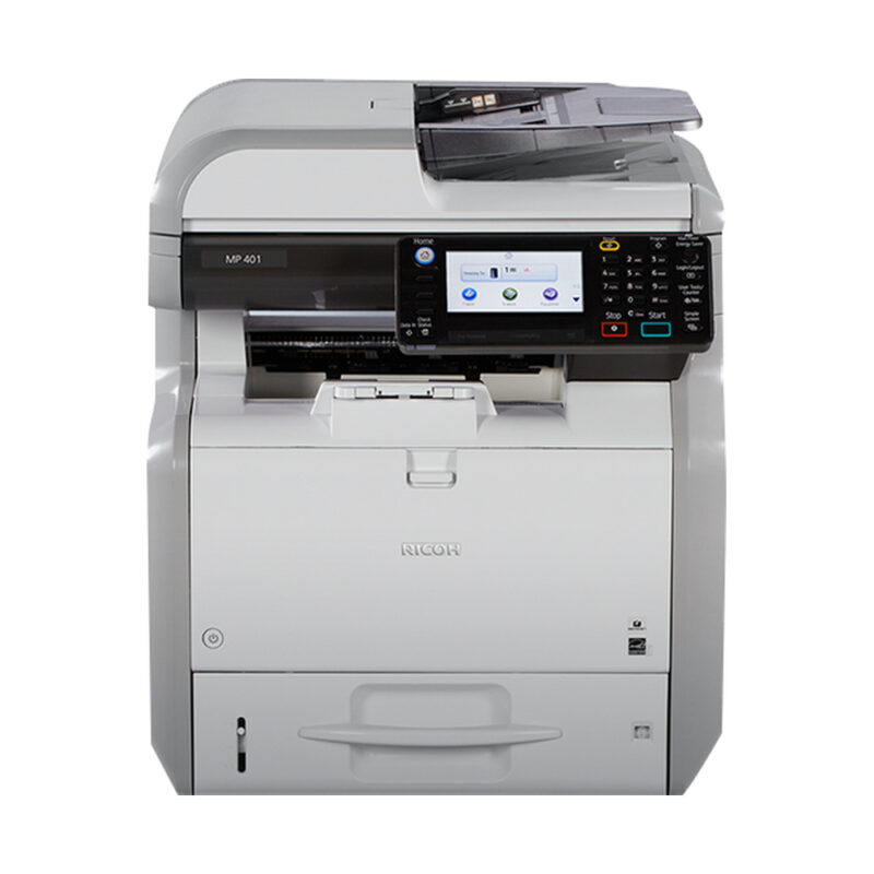 Ricoh Aficio MP 401SPF monochrome multifunction printer on a white background