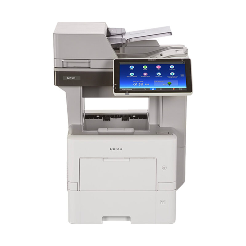 Ricoh Aficio MP 501SPF monochrome multifunction printer on a white background